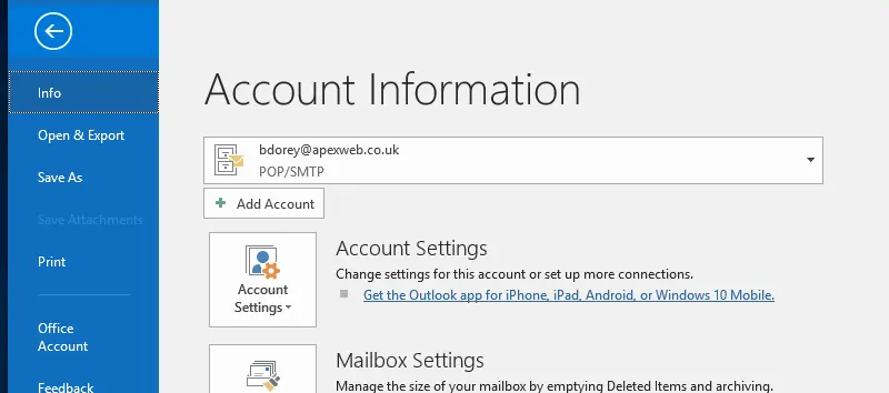 Outlook Account Information Menu