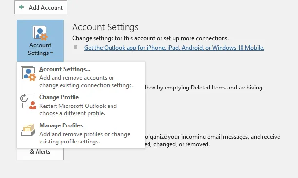 Outlook Account Settings Menu