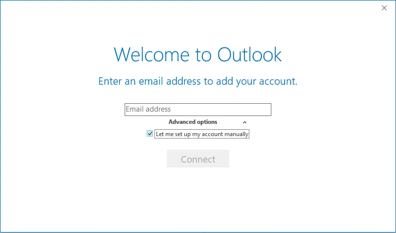 Outlook Add new account advanced options